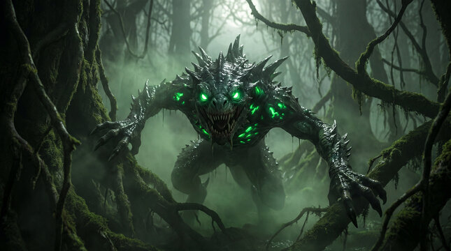 A terrifying fantasy monster with glowing green eyes and sharp teeth emerging from a dark, misty, mossy forest with twisted trees and thick fog in the background.