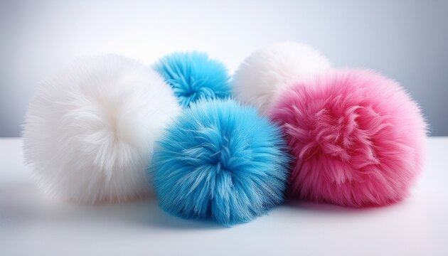 colorful pom poms white blue and pink fluffy balls on white background