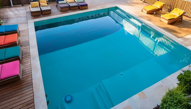 top view of a modern outdoor patio layout with colorful sofas wooden furniture and a pool