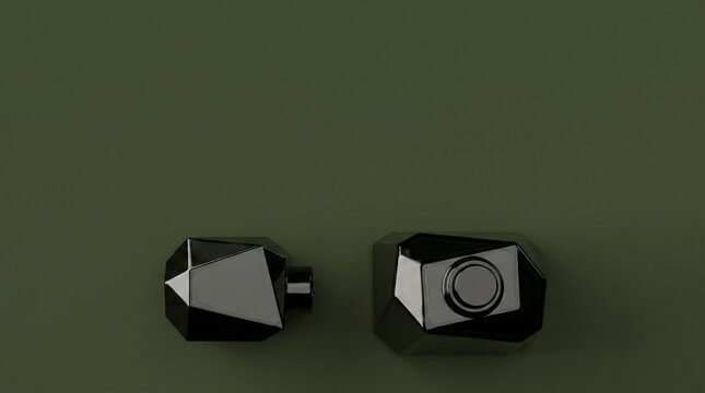 Overhead zenith flat-lay of deconstructed black perfume bottle components