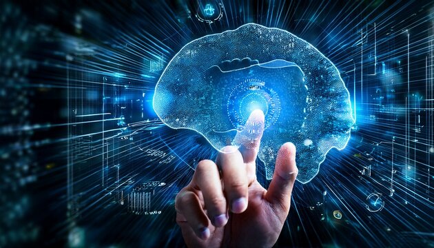 machine learning artificial intelligence data analytics neural network deep learning digital transformation coding visualized with hand interacting with futuristic data interface