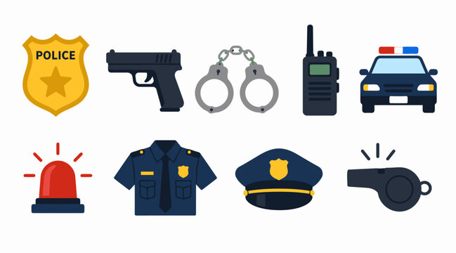 Flat Design Police Equipment and Uniform Icons Set.