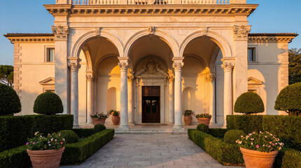 Obraz premium Elegant classical villa architecture featuring a white marble portico with ornate columns, arched entryway, and manicured formal garden during golden hour sunset
