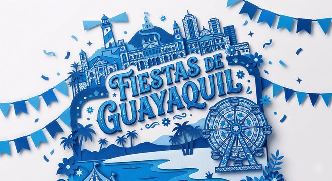 Ilustraci&oacute;n azul de Fiestas de Guayaquil-Ecuador