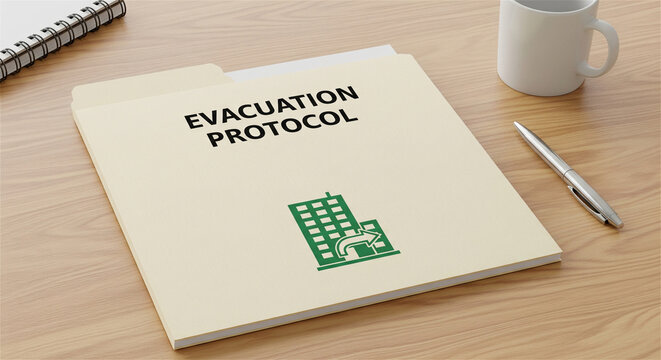Evacuation protocol document on office desk, emergency safety procedure folder, workplace fire drill and exit strategy plan