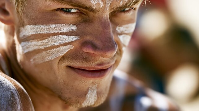 Close-up of a determined young man with white face paint