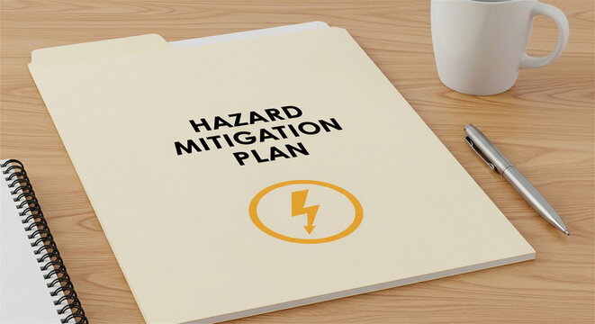 Hazard mitigation plan document in manila folder, emergency risk assessment strategy, disaster prevention paperwork on office desk
