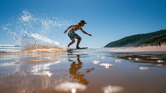 Young man skimboarding on a wet sandy beach with splashing water and reflection