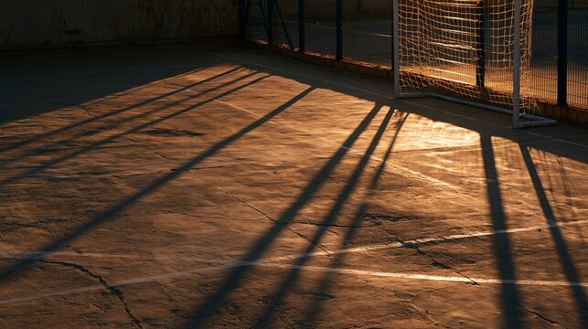 Long shadows cast across a concrete sports court at sunset with a goal net