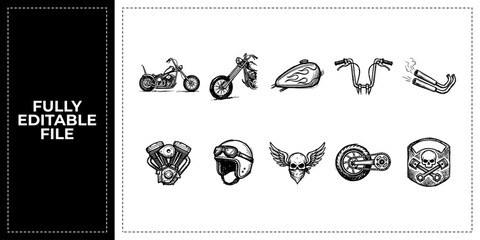 Black ink scribble chopper and classic bike icon set bundle featuring hand drawn doodle sketch vector illustrations for motorcycle club branding and retro garage design art. © Graphics