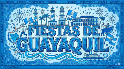 Fototapeta premium Ilustración azul de Fiestas de Guayaquil-Ecuador en mosaico