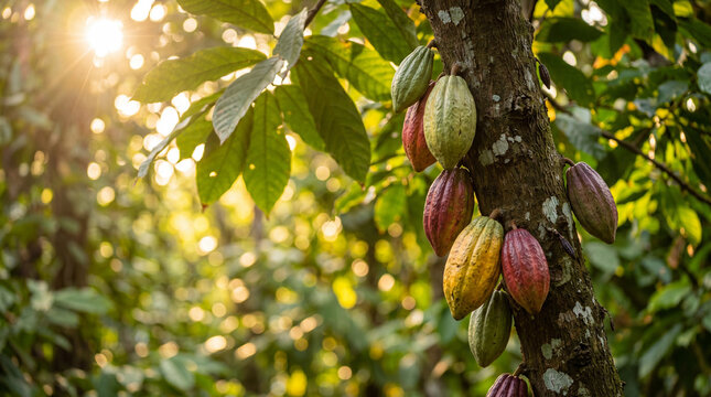Colorful cacao pods growing on a tree trunk in a tropical plantation during a bright sunset with sun flare and lush green leaves
