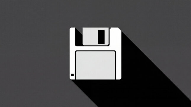 Minimalist white floppy disk icon on a dark grey textured background with a long dramatic shadow, representing retro technology and digital data storage concept.