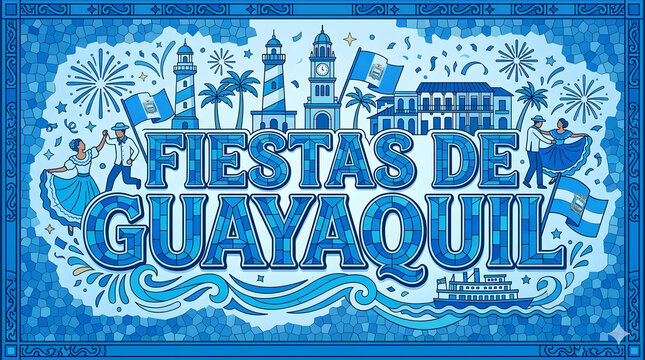 Ilustraci&oacute;n azul de Fiestas de Guayaquil-Ecuador en mosaico
