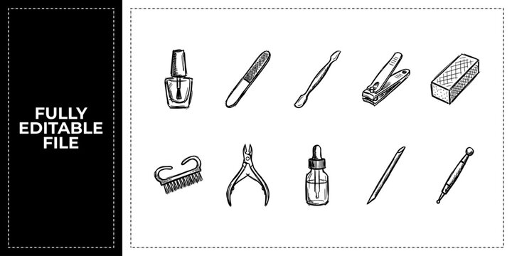 Black ink scribble makeup brushes and beauty salon icon set bundle featuring hand drawn doodle sketch vector illustrations for cosmetics shop branding and makeover design art.
