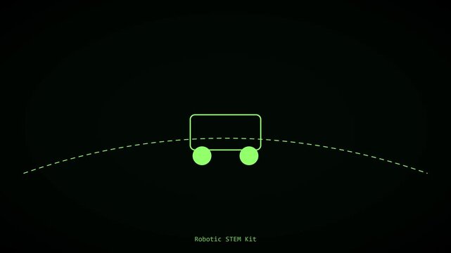 Minimalist robotic stem kit animation, green line vehicle on black background, for technology and, education projects