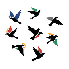 Obraz premium Group of eight flying birds in a dynamic aerial formation featuring clean solid black silhouettes on a pure white background, nature and wildlife concept