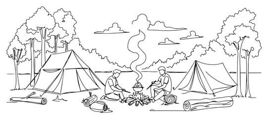 Obraz premium Camping site in forest with campfire and tents continuous line drawing, outdoor adventure and hiking lifestyle minimalist vector, summer vacation in nature