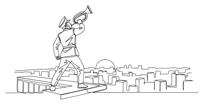 Bugler blowing trumpet over city skyline at sunrise continuous line drawing, soldier or musician signaling morning wake up call minimalist vector, morning news concept