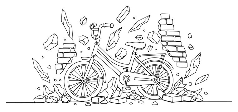 Bicycle with falling brick wall continuous line drawing, urban accident or destruction concept minimalist vector, bike surrounded by rubble and debris