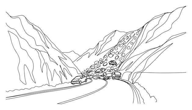 Landslide on mountain road with cars continuous line drawing, rockfall disaster and road safety concept minimalist vector illustration, natural catastrophe on highway