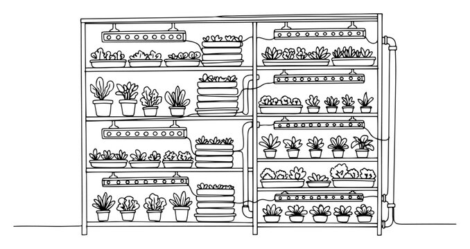 Vertical farming system with hydroponic plants and LED grow lights continuous line drawing, sustainable indoor agriculture and smart farming minimalist vector