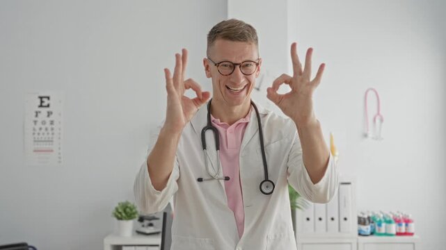 Man doctor with stethoscope making ok sign with both hands in clinic building; friendly reassurance.
