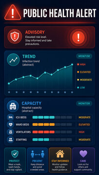 Digital public health alert dashboard with advisory warning, infection trend chart, hospital capacity indicators, and prevention guidance.