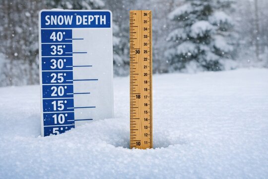 Measuring snow depth using a ruler, winter scene