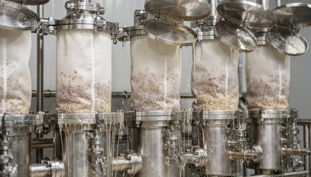 Medium shot of bag filter systems removing impurities from gum liquids focusing on filter bags within stainless steel housings amidst dynamic filtration process.