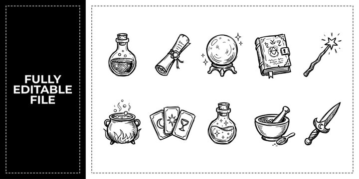 Black ink scribble magic mystery and spiritual healing icon set bundle featuring hand drawn doodle sketch vector illustrations for fortune telling and mystic branding graphics.