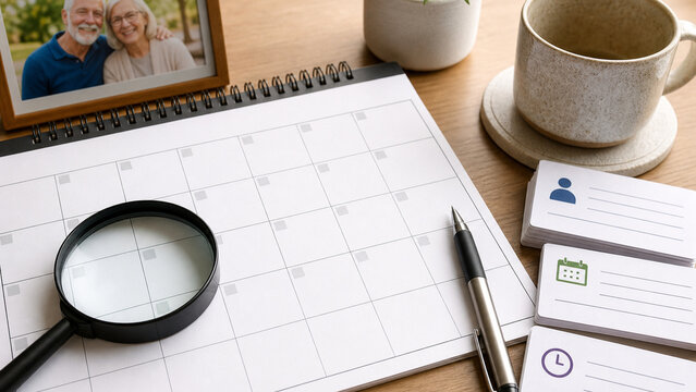 Desk scene with blank calendar planner, magnifying glass, pen, contact cards, coffee mug, and framed senior couple photo for scheduling or care planning.