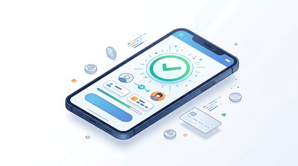 Fototapeta premium A smartphone with a clock and various app icons on the screen surrounded by floating coins and credit card