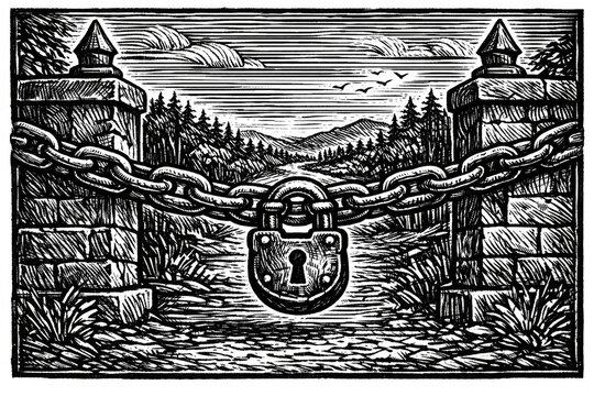A simple illustration of an old-fashioned gate with intricate details in monochrome