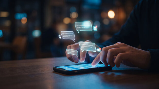 Close up of person using smartphone with digital chat bubble notifications for instant messaging and social media communication concept