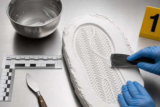 Gloved hands examine a white shoeprint cast with scale ruler, evidence marker, metal tools, and bowl on a lab table.