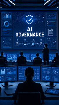 Futuristic command center with professionals monitoring AI governance dashboards, security shield, compliance workflow, and data analytics screens.