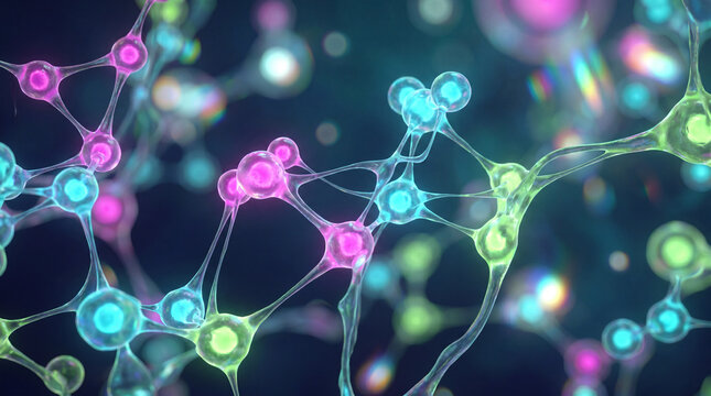 Abstract 3D render of colorful glowing molecular structures and interconnected particles in a dark digital scientific space