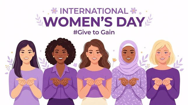 Five diverse women standing together in support for International Women Day holding their hands out