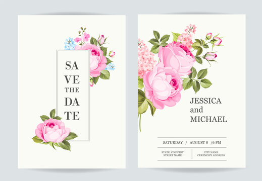 Marriage invitation card with custom sign and rose frame over beige