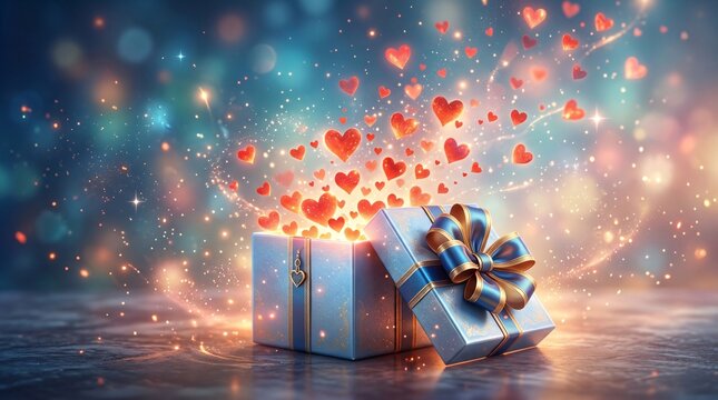 A magical blue gift box opens to reveal a glowing fountain of floating red hearts