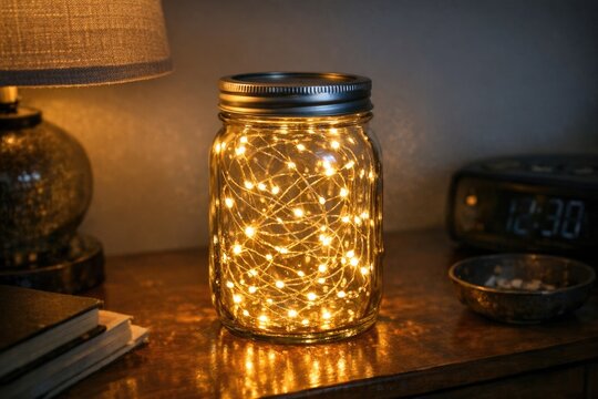 A mason jar filled with string lights, a cozy and warm decoration for any setting