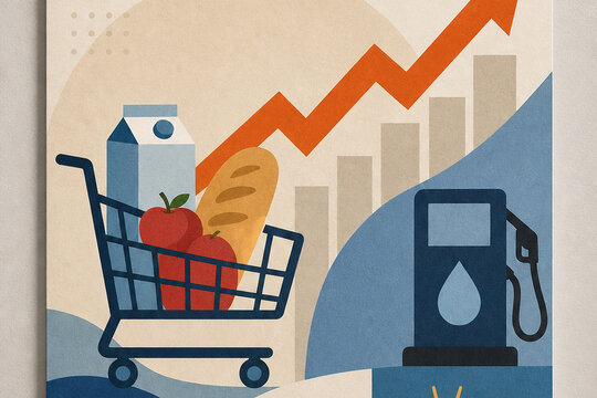 Conceptual illustration of a shopping cart with groceries, gas pump, bar chart, and rising arrow symbolizing inflation and cost of living.