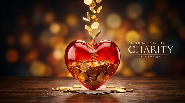 A heart shaped glass container filled with falling gold coins to celebrate the International Day of Charity