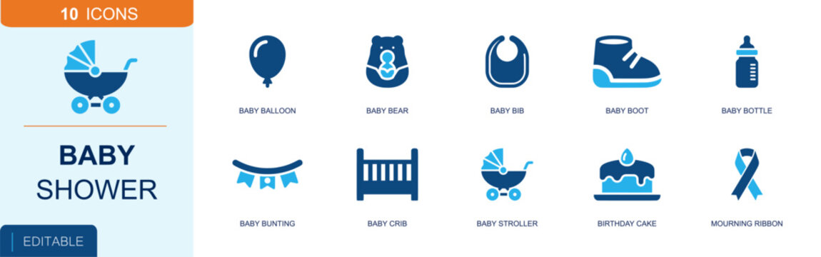 Baby shower newborn celebration party icon set. Containing stroller, baby bottle, bib, crib, balloon, baby boot, cake, party bunting, cute teddy bear and more. Solid fill vector icons.