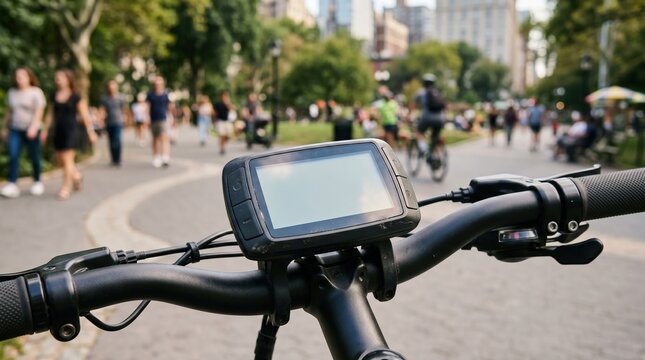 Firstperson view of an electric bicycle handlebar with a blank screen