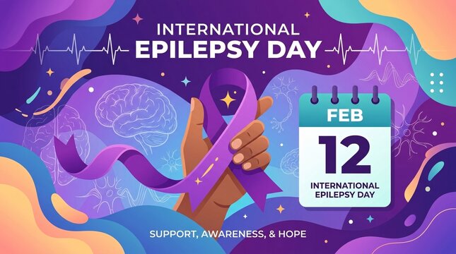 A vibrant graphic illustration depicting International Epilepsy Day with a hand holding a purple ribbon