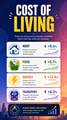 Fototapeta premium Colorful cost of living infographic showing rising expenses for rent, food, energy, and transport with charts and icons.