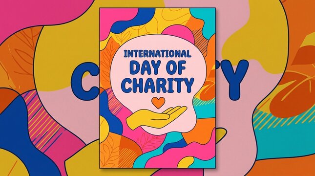 A colorful abstract illustration celebrating the International Day of Charity with a central hand graphic
