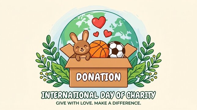 A cute cartoon illustration celebrating International Day of Charity with a donation box of toys